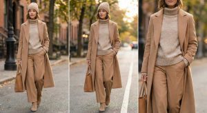 bej ve camel tonlarında monokrom kombin örneği - pantolon, kazak, kaban ve aksesuarlar