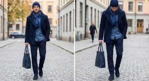 lacivert ve mavi tonlarında monokrom kombin - gömlek, pantolon, ceket ve aksesuarlar