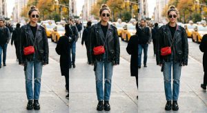 oversize deri ceket ve çapraz mini çantayla sokak stili kombinasyonu