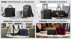 farklı kullanım amaçlarına göre çanta modelleri karşılaştırmalı görsel