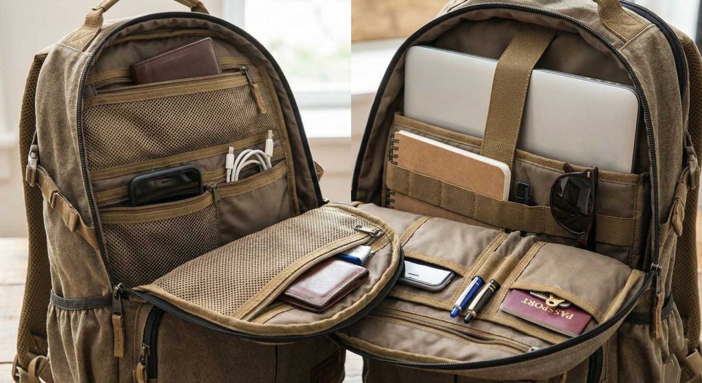 Farklı bölmeleri ve organizasyonu gösteren çok gözlü çanta detayı