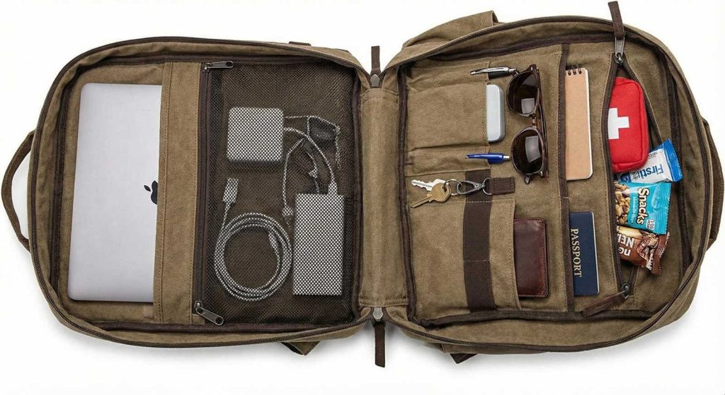 Çok gözlü çantanın içindeki organize bölmeleri ve eşyaların yerleşimini gösteren görsel