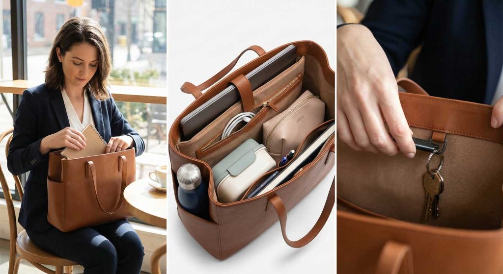Çalışan bir kadının iş çantasını kullanırken gösterdiği organize yaşam tarzı