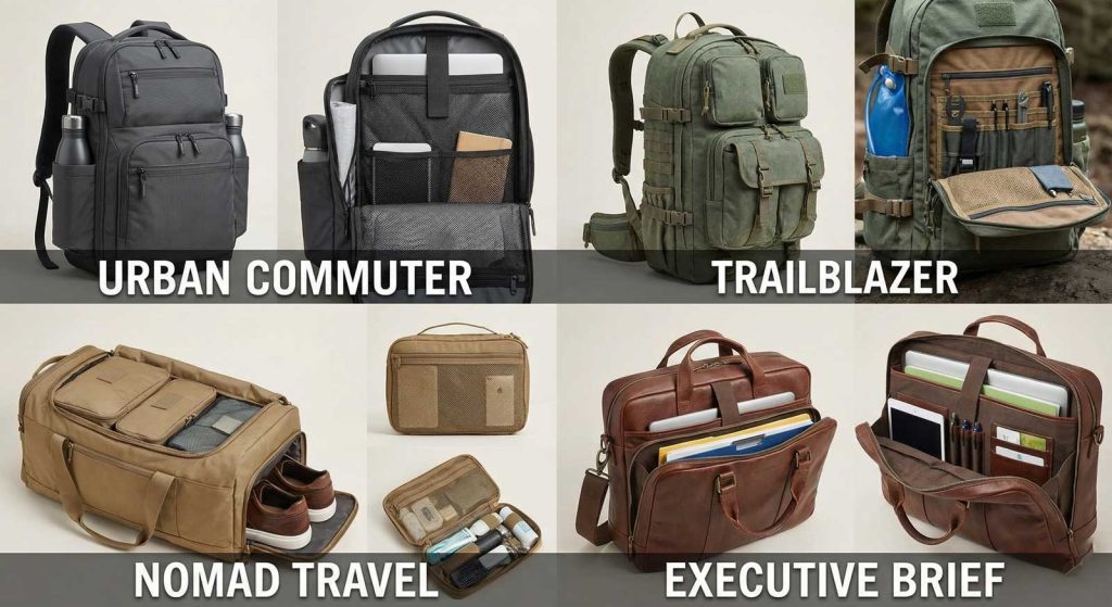 Farklı tipteki çok gözlü çanta modellerinin bir arada gösterildiği kolaj