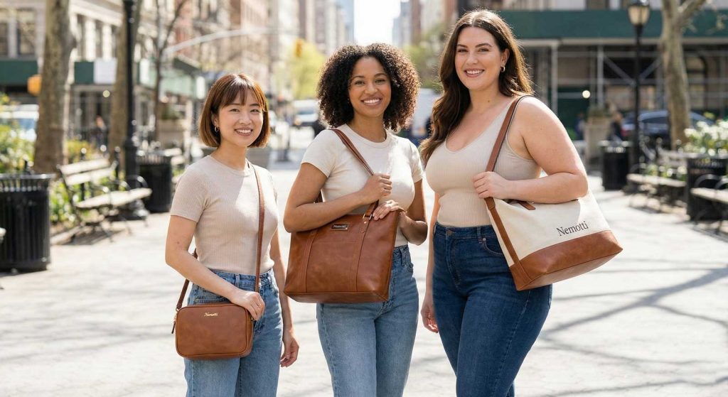 farklı boy ve vücut tipindeki kadınların uygun çanta boyutlarıyla görseli