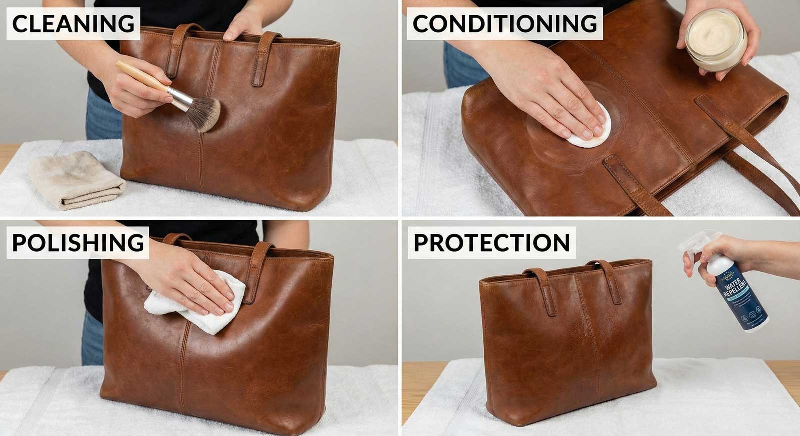 Deri çanta bakımı yapılırken gösterilen adımlar